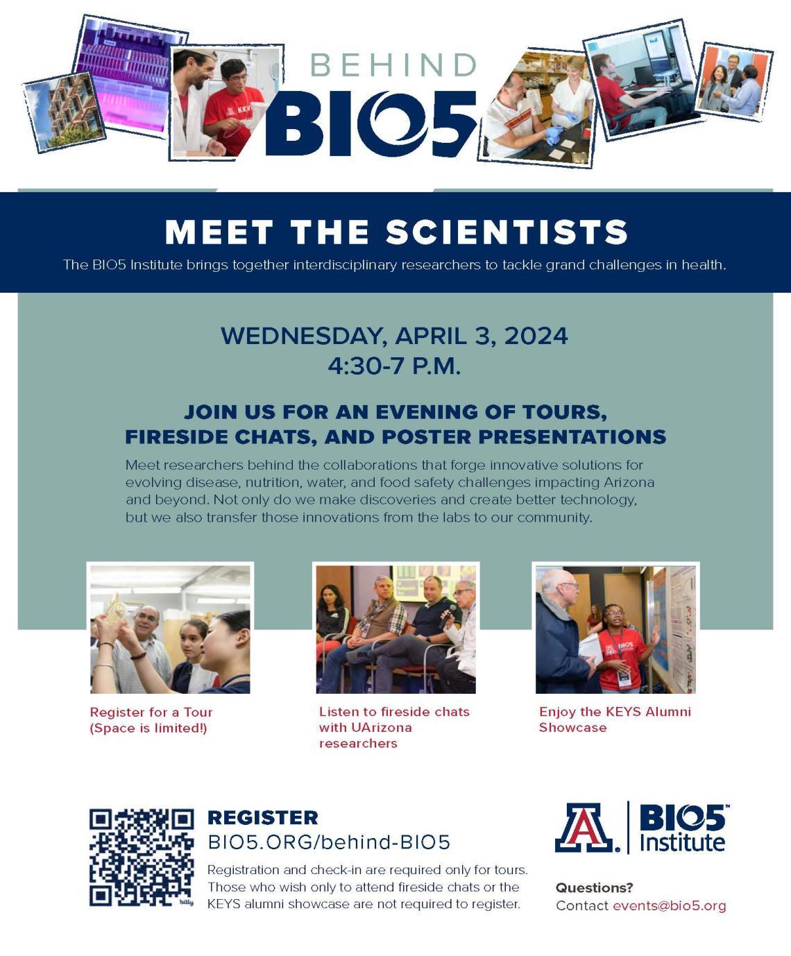 Flier for Behind the Scientists Bio5 event, Weds, April 3, 2024